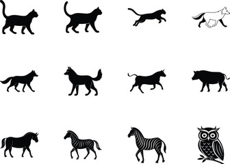 Silhouetted cat, puma, wolf, bull, zebra, horse, wild boar, and owl animal vector