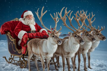 Santa Claus is in a sleigh pulled by reindeer.