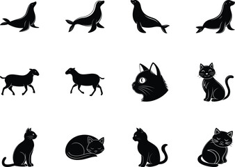 Black silhouette art portrays several seal and cat figures with a sheep on transparent background