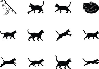 Isolated black raven and domestic cat silhouettes showcase playful feline and sleepy positions on white