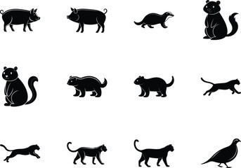 Black cartoon animals including pigs, otters, bears, and leopards are on a transparent background