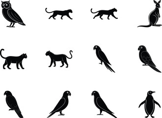 Isolated silhouettes showcase diverse wildlife, including owl, panthers, kangaroo, parrots, and penguin, against transparency