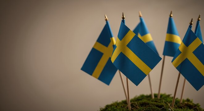 Small Swedish flags displayed on greenery background  