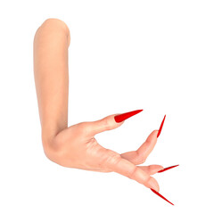 3D rendered hand with long red nails isolated on transparent background