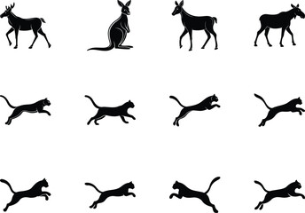 shows a set of black silhouettes of various wild animals isolated on a transparent background