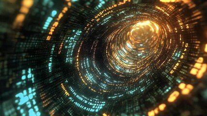 Abstract tunnel with neon blue and orange lights moving through space creating data flow visual effect and representing digital transformation and technology. - Powered by Adobe