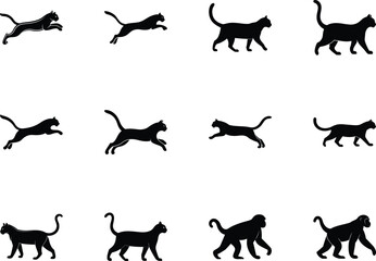 Silhouette collection shows assorted feline and primate figures in various poses on transparent background