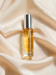 Naklejka premium Luxurious Perfume Rollerball Bottle with Golden Liquid on Silky Fabric