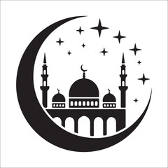 Islamic Mosque Silhouette with Crescent Moon and Stars Ramadan & Eid Mubarak Vector Collection
Elegant Crescent Moon and Mosque Skyline Islamic Festival and Holy Month Design