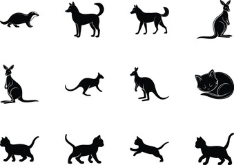 Isolated black silhouettes display a ferret, dogs, kangaroos, and several playful cats, set against transparency