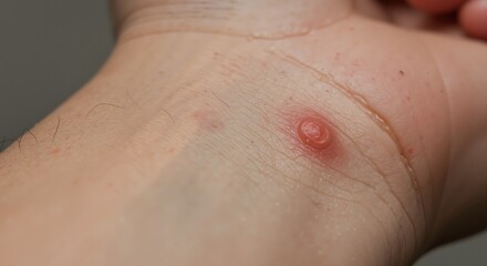 Fototapeta premium Close-up of hand with skin rash on wrist and red bump 