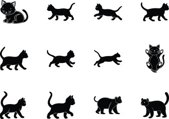 A collection of black cat silhouettes displays various poses on a transparent background