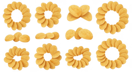Creative Arrangement of Snack Chips in Various Shapes and Patterns, isolated on a transparent background