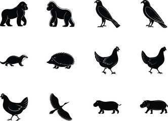Diverse animal silhouettes showcase gorilla, eagle, otter, hedgehog, chicken, crane, and hippo against white