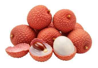 Bunch of lychee fruits on white background, tropical fruit photo for summer food designs