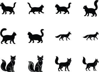 Twelve black silhouette animals featuring cats and foxes in various poses displayed on white background