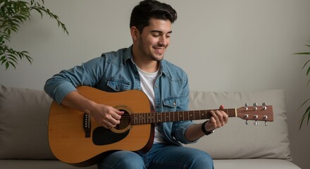 Obraz premium Young man playing acoustic guitar and smiling on a couch indoors 
