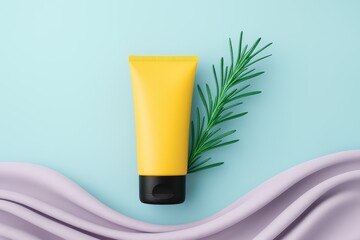 Tube of yellow lotion is on a blue background with a green leaf