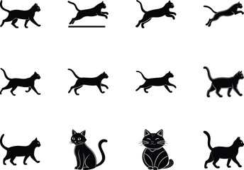Various isolated black cat silhouettes showcase cats walking, jumping, sitting on transparent background