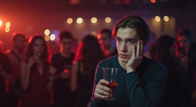 Young man looking bored at a nightclub while holding a drink  