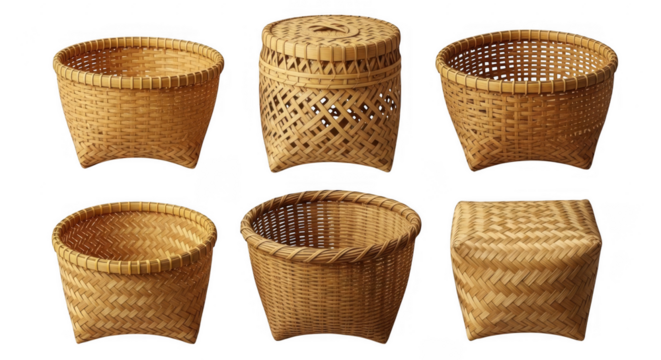 Diverse Collection of Artisan Handcrafted Woven Baskets in Unique Shapes and Sizes for Home Decoration and Organization, isolated on a transparent background