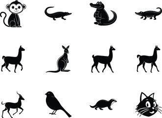 Twelve distinct animal silhouettes are showcased on a clean, crisp white background to demonstrate wildlife