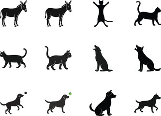Silhouetted animals, including donkeys, cats, dogs, and a wolf, appear in various poses against a transparent backdrop