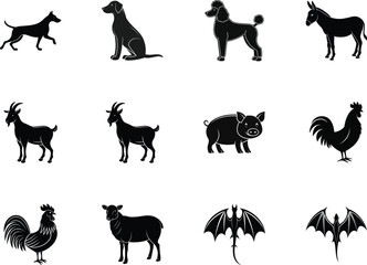 Isolated black silhouette icons represent farm animals and fantastical creatures over a white background