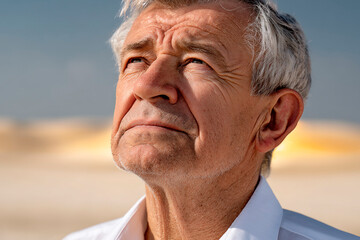 Older man with gray hair looking up towards bright sunlight, squinting in strong light, standing outdoors in dry sunny environment, symbolizing heat, summer and climate impact
