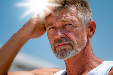 Older man with gray hair and beard shielding his eyes from bright sun, standing outdoors in strong sunlight, wearing sleeveless shirt, symbolizing heat, summer and climate impact