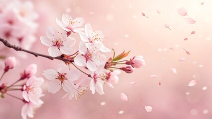 Delicate Pink Blossoms on Branch with Petals Falling, Springtime Floral Beauty Background and Soft Pastel Color Palette.