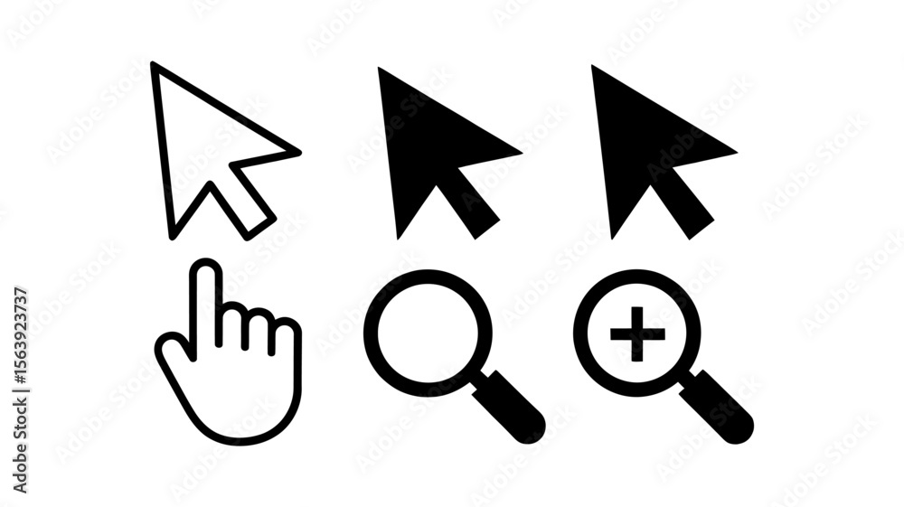 Fototapete Cursor and Pointer Outline and Solid Vector Icons Set - Click Zoom Search