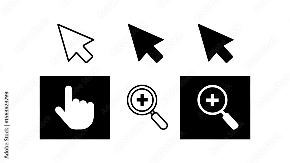 Fototapete Cursor and Pointer Outline and Solid Vector Icons Set - Click Zoom Search