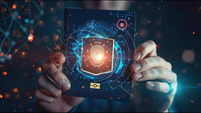 Dynamic view of biometric passport with glowing embedded chip icon, digital node connections and efficient border control visualization