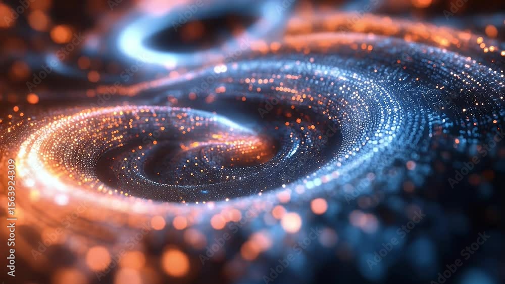 Poster abstract swirling pattern of glowing orange and blue particles creating a dynamic and futuristic vis