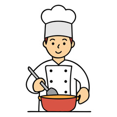 A cheerful chef cook in a white hat and apron cooking delicious meals with fresh ingredients in a hot pan, steam rising as flavors blend in the kitchen.
