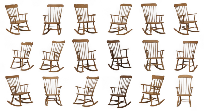 Diverse Collection of Wooden Rocking Chairs Showcasing Various Angles and Positions for Home Decor Inspiration and Furniture Design, isolated on a transparent background