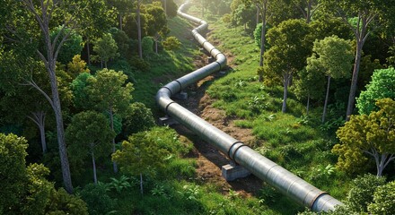 Oil pipeline cutting through lush forest, environmental impact theme