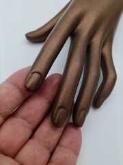 female plastic mannequin hand with man hand