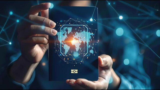 High-tech biometric passport laid on circuit board surface with glowing world map pattern, emphasizing deep integration of secure data systems
