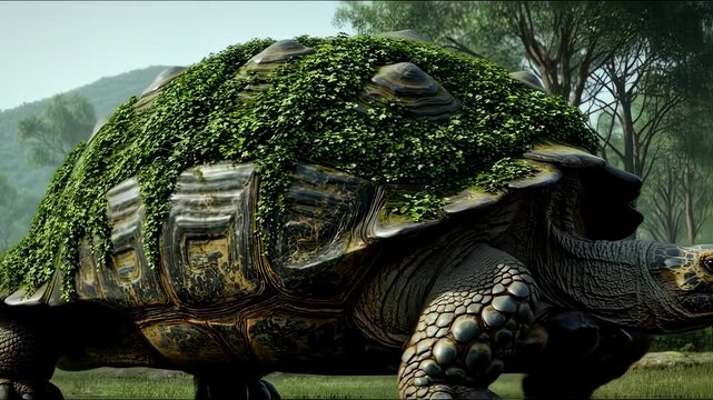 Majestic tortoise journeying through lush landscape beneath verdant shell