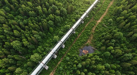 Oil pipeline cutting through lush forest, environmental impact theme
