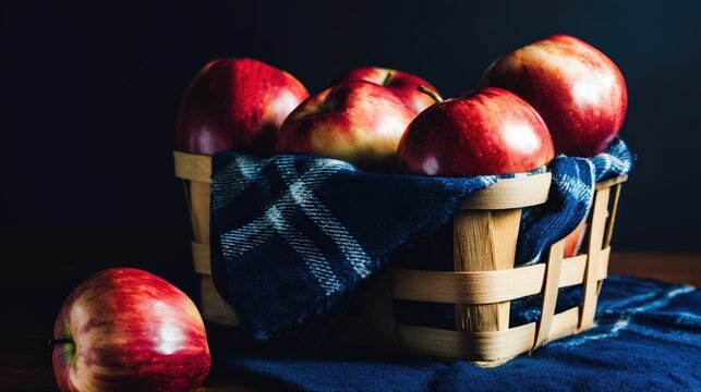 Fresh red apples are arranged in a rustic wooden basket. A blue cloth partially covers the basket, creating a cozy atmosphere. The warm glow enhances the appealing colors and textures