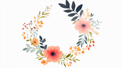 Obraz premium Circular line floral wreath with botanical leaf accents