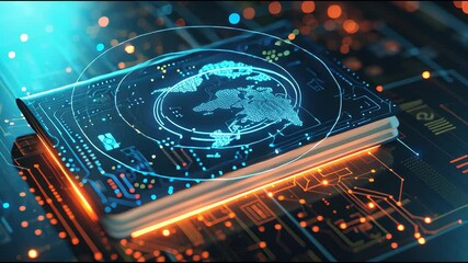 Close-up of biometric passport held under holographic fingerprint overlay and digital circuit background, highlighting next-gen security features - Powered by Adobe
