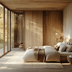 Cozy master bedroom with wooden wall panels and large glass doors, styled in neutral colors, natural morning light 