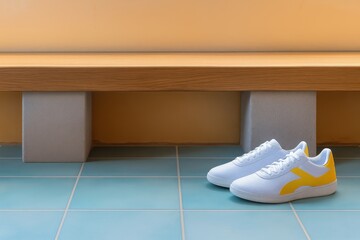 Pair of white and yellow shoes are on a bench