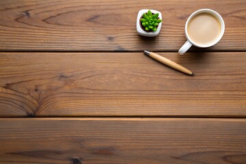 Desk Workspace Coffee Pen Succulent Plant Wooden Table Top View Background