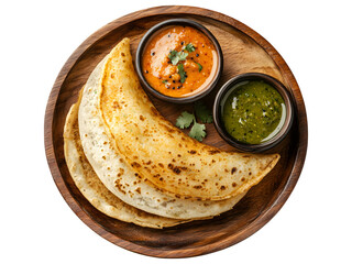 Delicious south indian dosa served with two types of chutney on a wooden plate isolated on transparent background