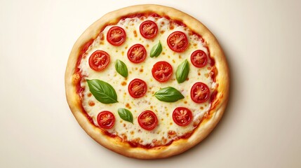 Overhead shot of Neapolitan Pizza with Buffalo Mozzarella, tomatoes, and basil